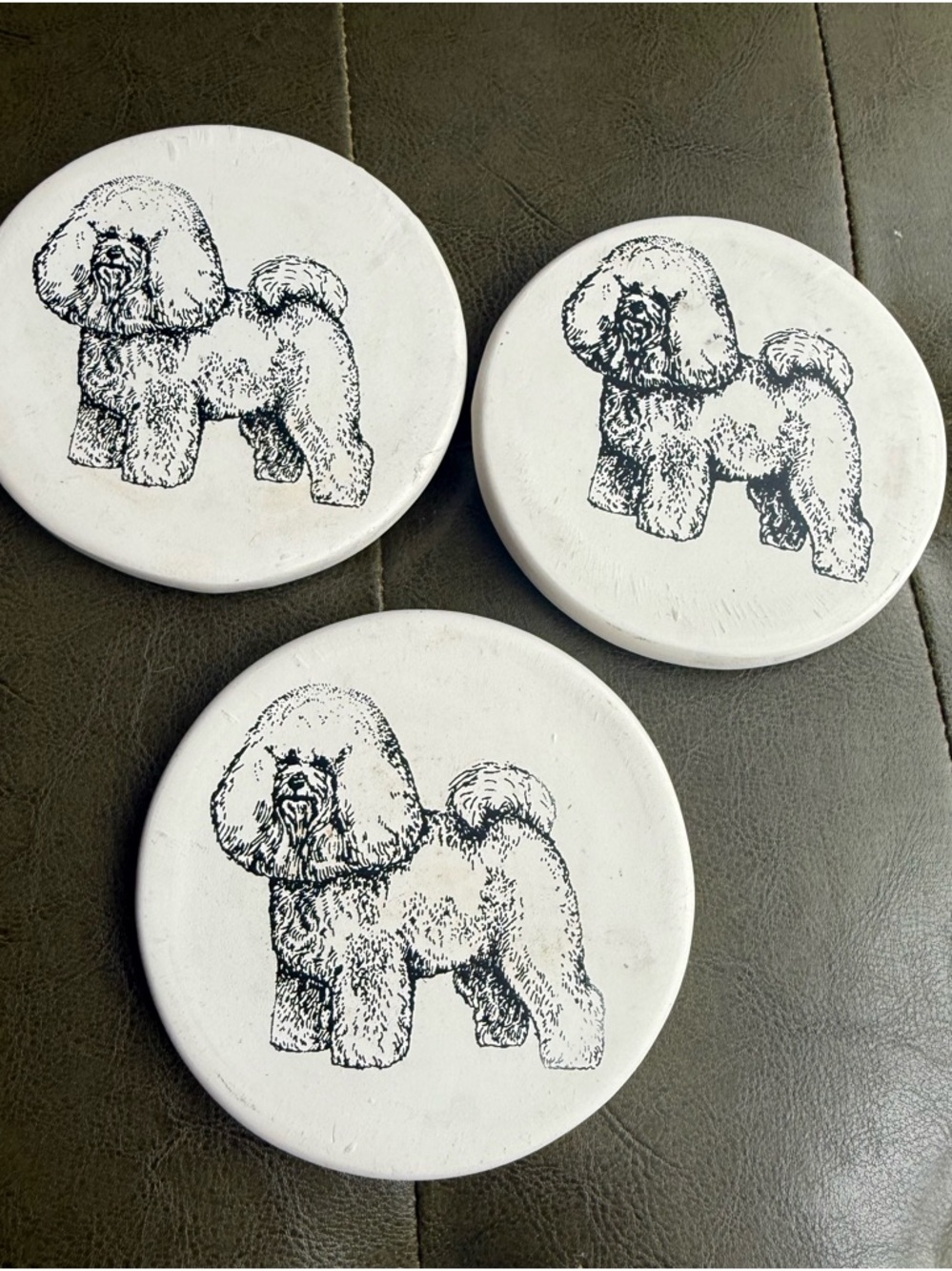 Set of 3 Stone Coasters Bichon Frise Hand Sketched Illustration Vintage